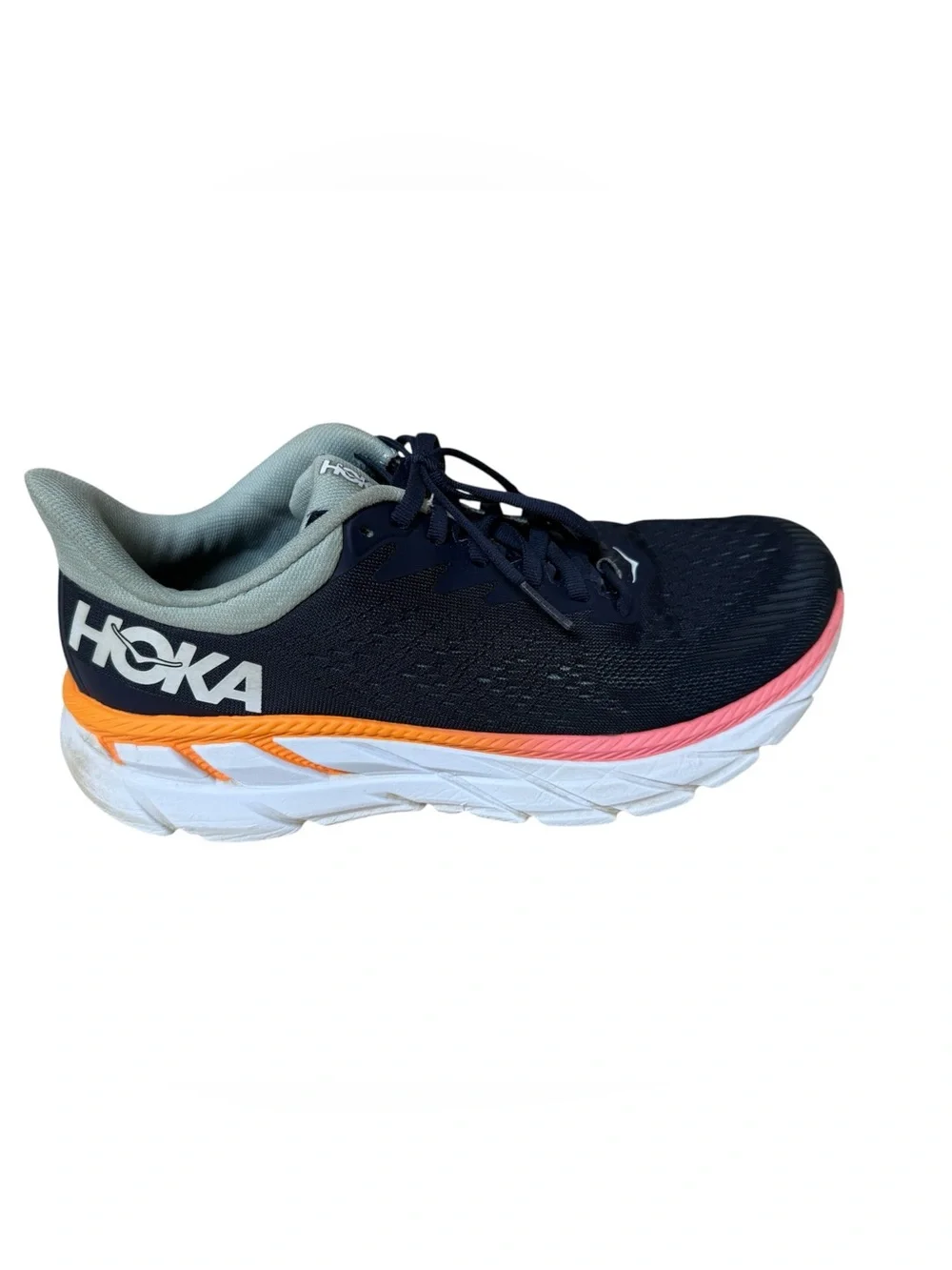 Hoka One One Clifton 7 Women’s Running Shoe Navy With Orange Coral Trim Size 8